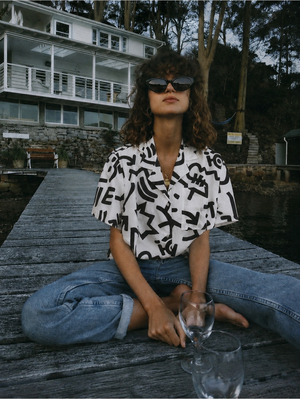 Diane Von Furstenberg White Short-Sleeve Button-Down with Black Graphic Print